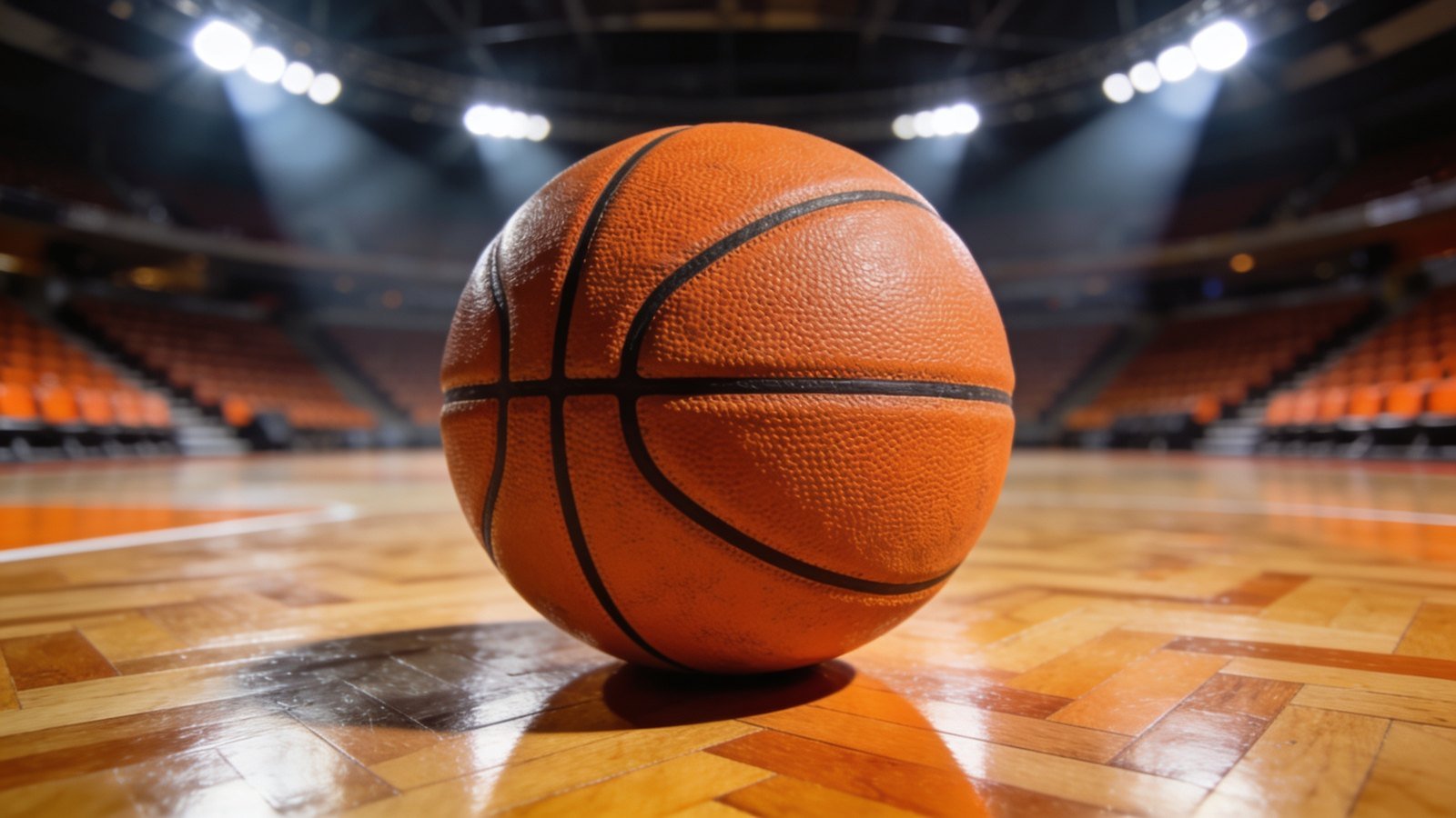 A basketball on an arena court under spotlights