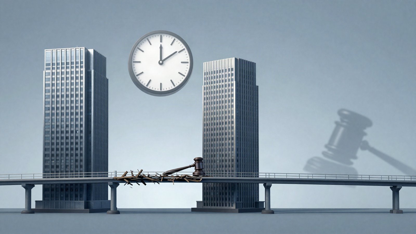 Editorial illustration of two corporate towers joined by an unfinished bridge with a stalled clock and gavel, symbolizing a delayed media merger under review