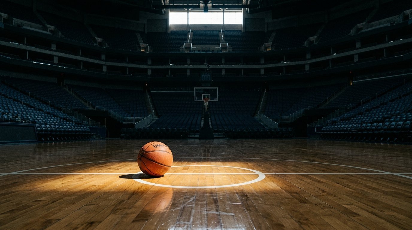 A basketball on the floor of an empty arena under a single spotlight