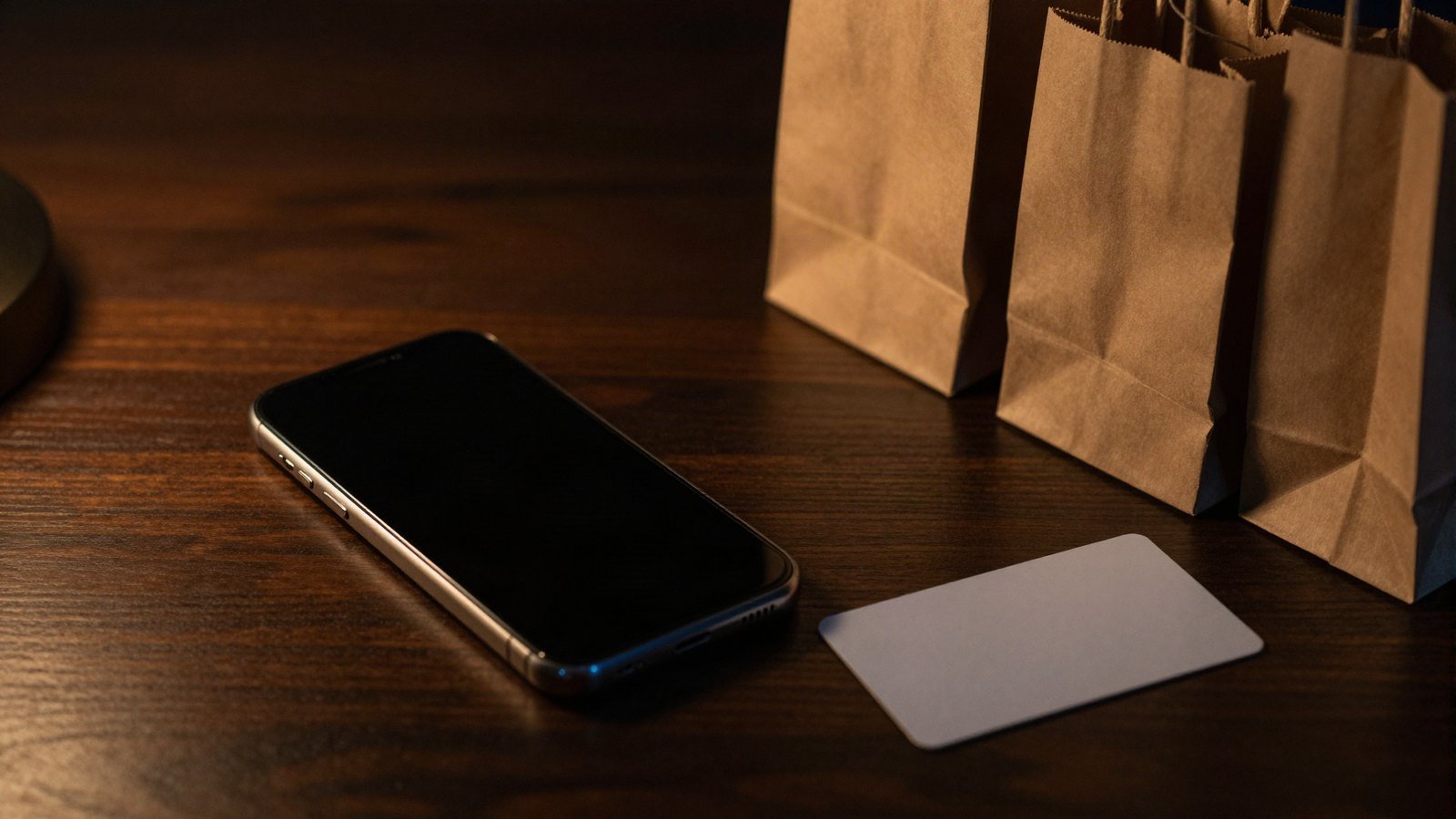 A smartphone face-down on a desk beside plain shopping bags in low light