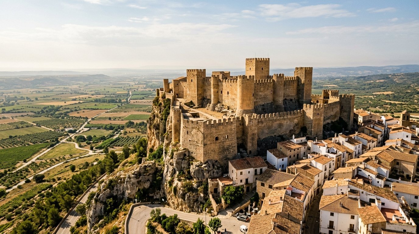Medieval stone towers and ramparts on a steep limestone cliff above a wide sunlit valley