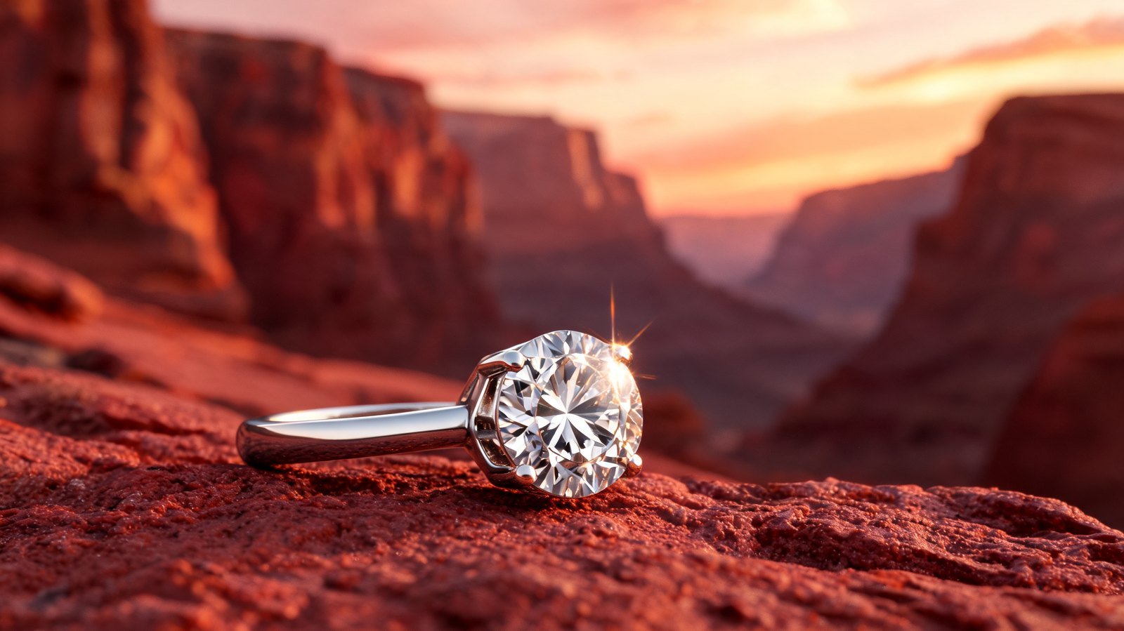 A diamond engagement ring on red desert sandstone at sunset