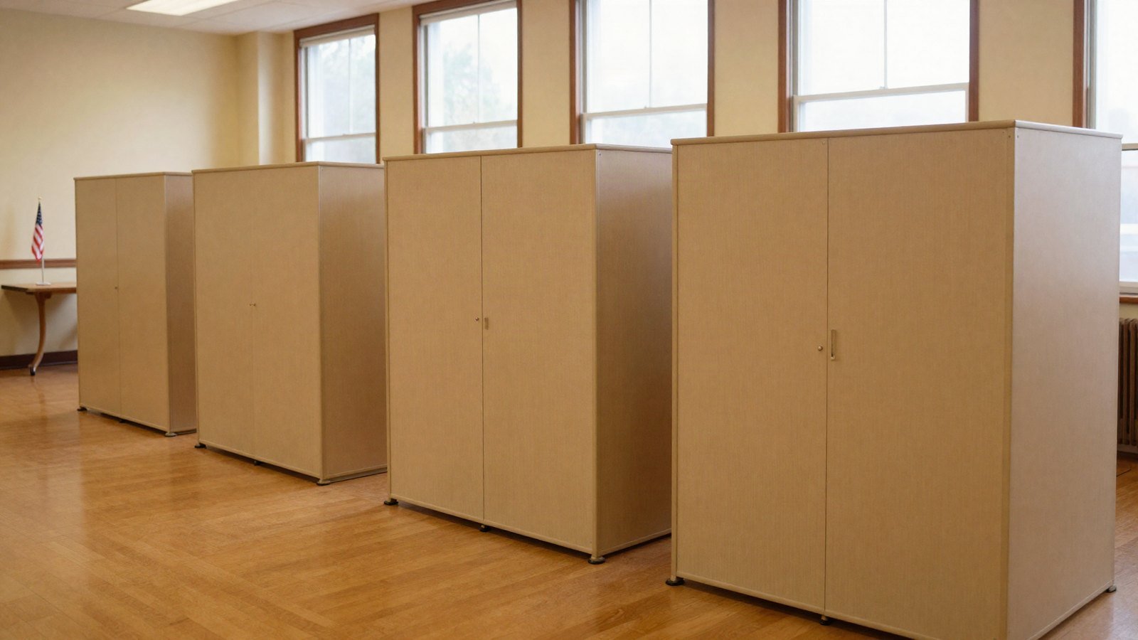 Empty curtained voting booths in a community hall in warm light