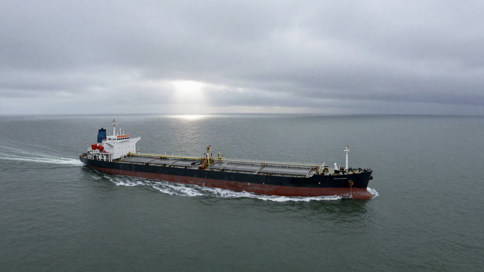 An oil tanker seen from above on a grey Baltic sea