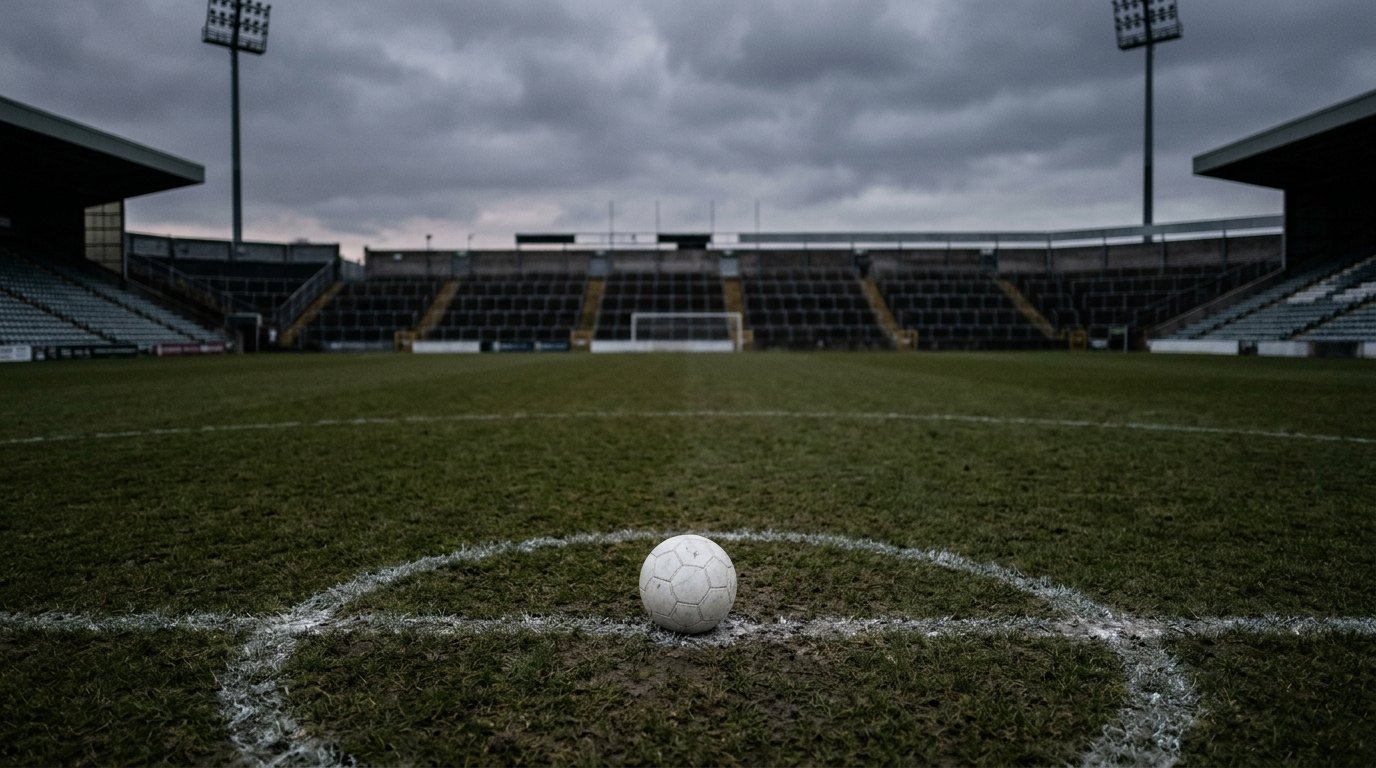 An empty football pitch at dusk with a single match ball resting on the centre circle