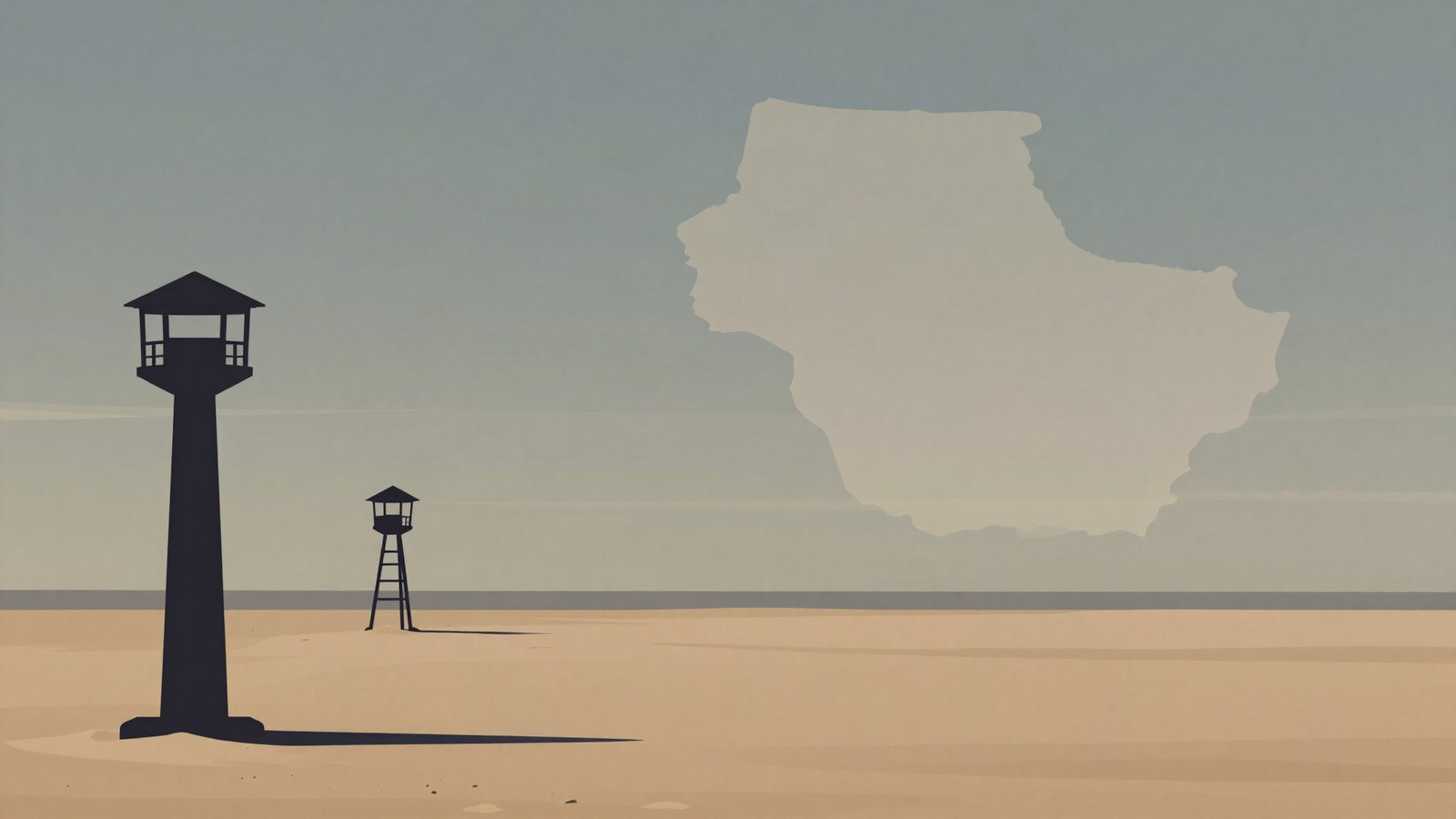 Illustration of a border post and watchtower silhouette on a savannah horizon near the CAR-Sudan border