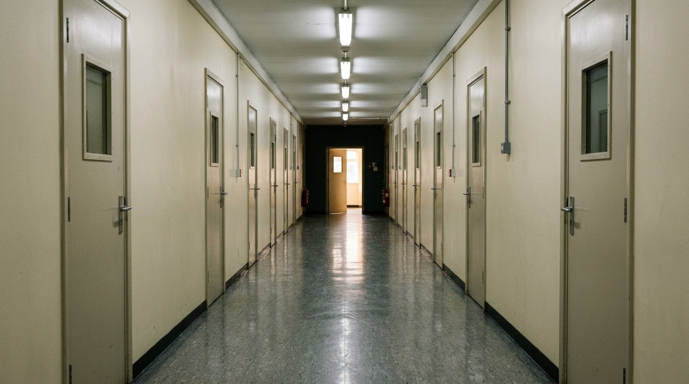 An empty institutional corridor with closed doors under fluorescent lighting