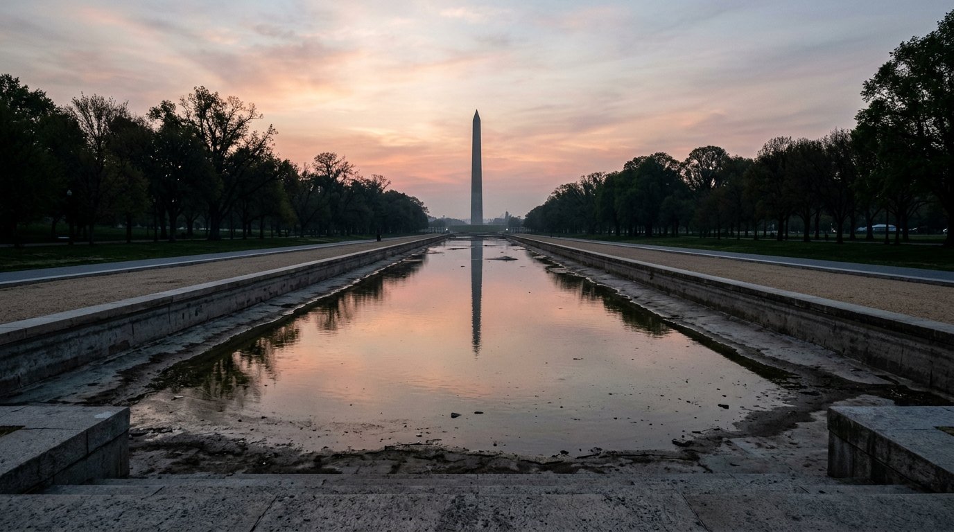 The reflecting pool on the National Mall at dawn with low water in its basin