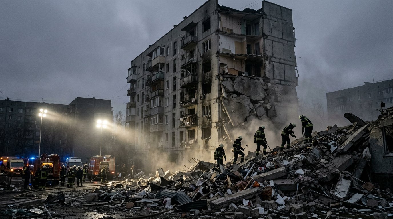 A partially collapsed concrete apartment block at dawn with dust in the air and firefighters silhouetted on the rubble