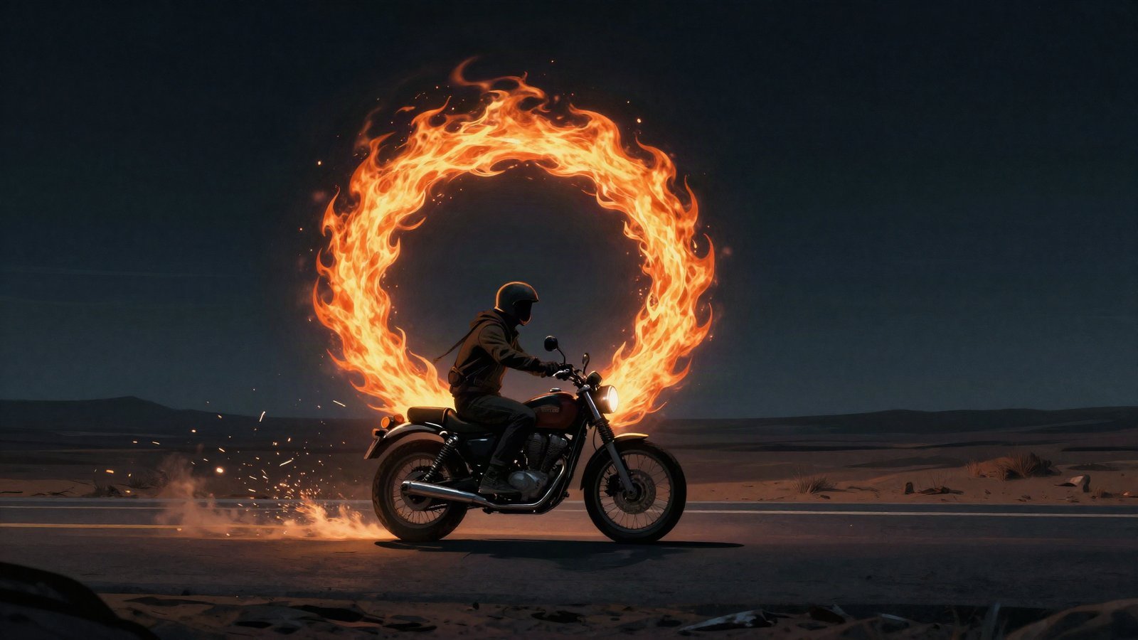 Illustration of a motorcycle on a night desert highway with a ring of flame above the rider seat, symbolising a supernatural antihero film