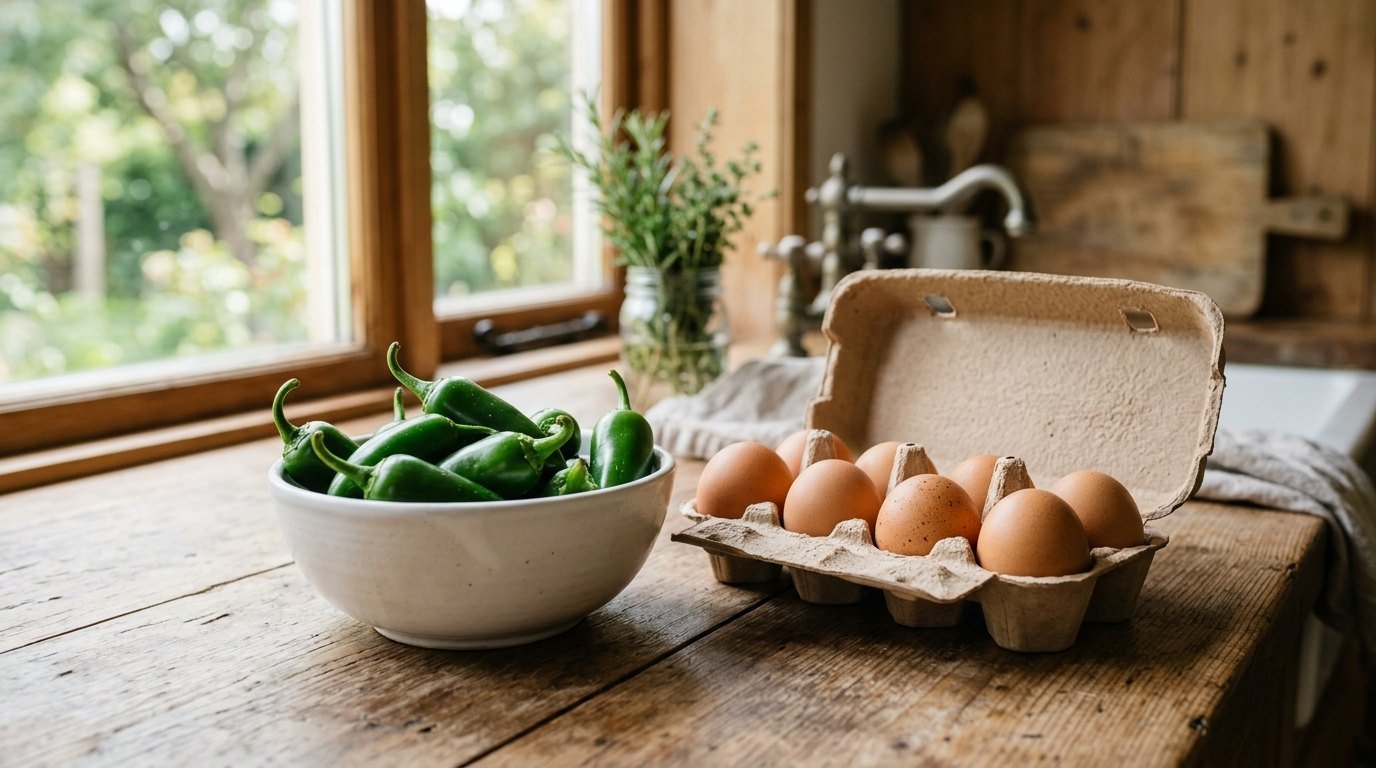 Fresh jalapeno peppers in a bowl next to an open carton of brown eggs on a kitchen counter