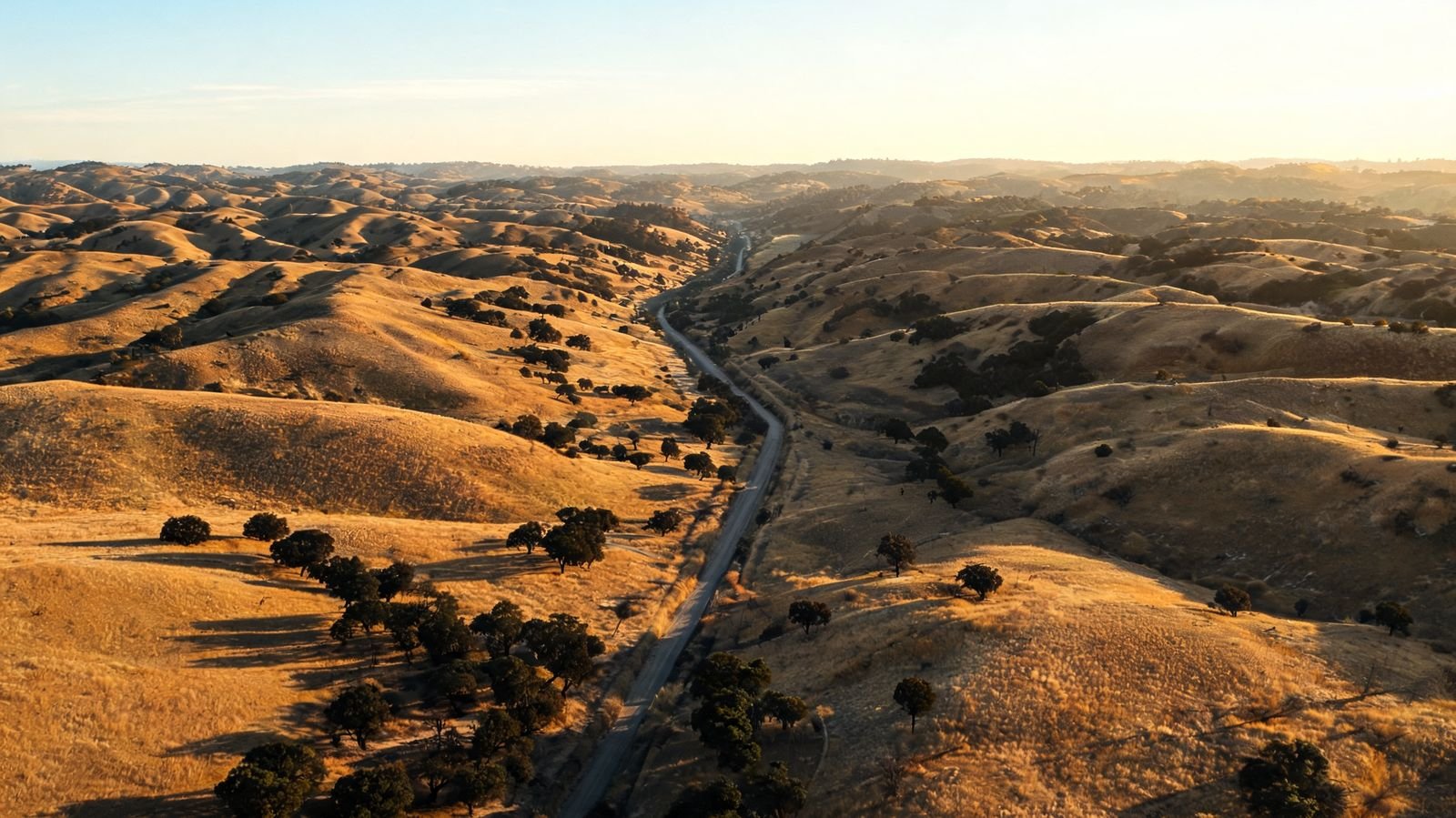An aerial view of a straight valley scar running through golden California hills