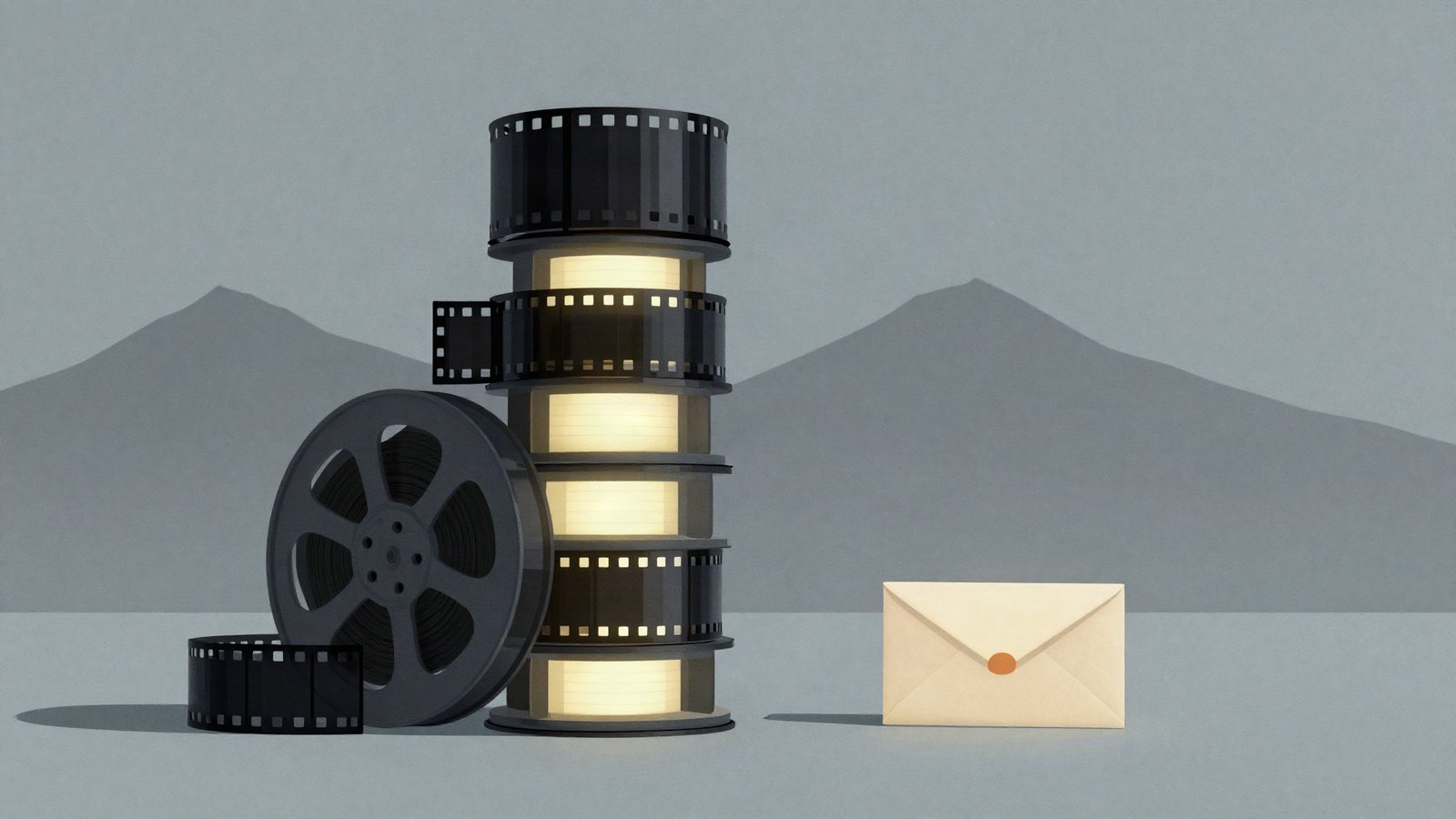 Editorial illustration of a small pay envelope beside a towering stack of film reels and mountains, symbolizing modest actor pay against franchise success