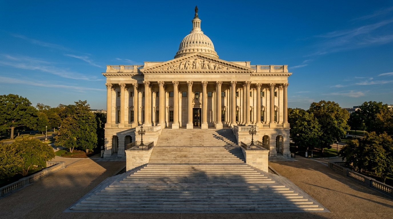Stone columns and steps of a neoclassical government building in Washington