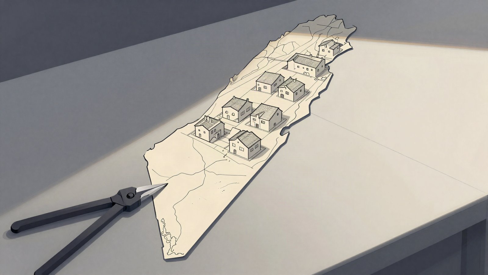 Editorial illustration of a planning table with a stylised West Bank map and outlined housing blocks casting long shadows in muted tones