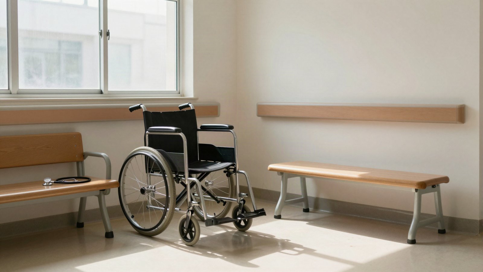 An empty wheelchair beside a bench in a sunlit hospital corridor