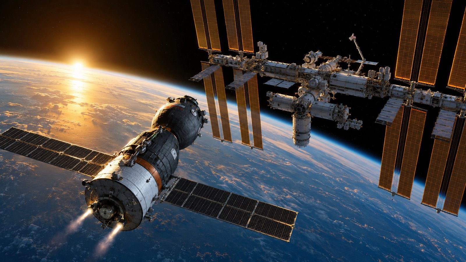 Illustration of a Soyuz capsule with solar panels approaching the International Space Station above a sunlit Earth