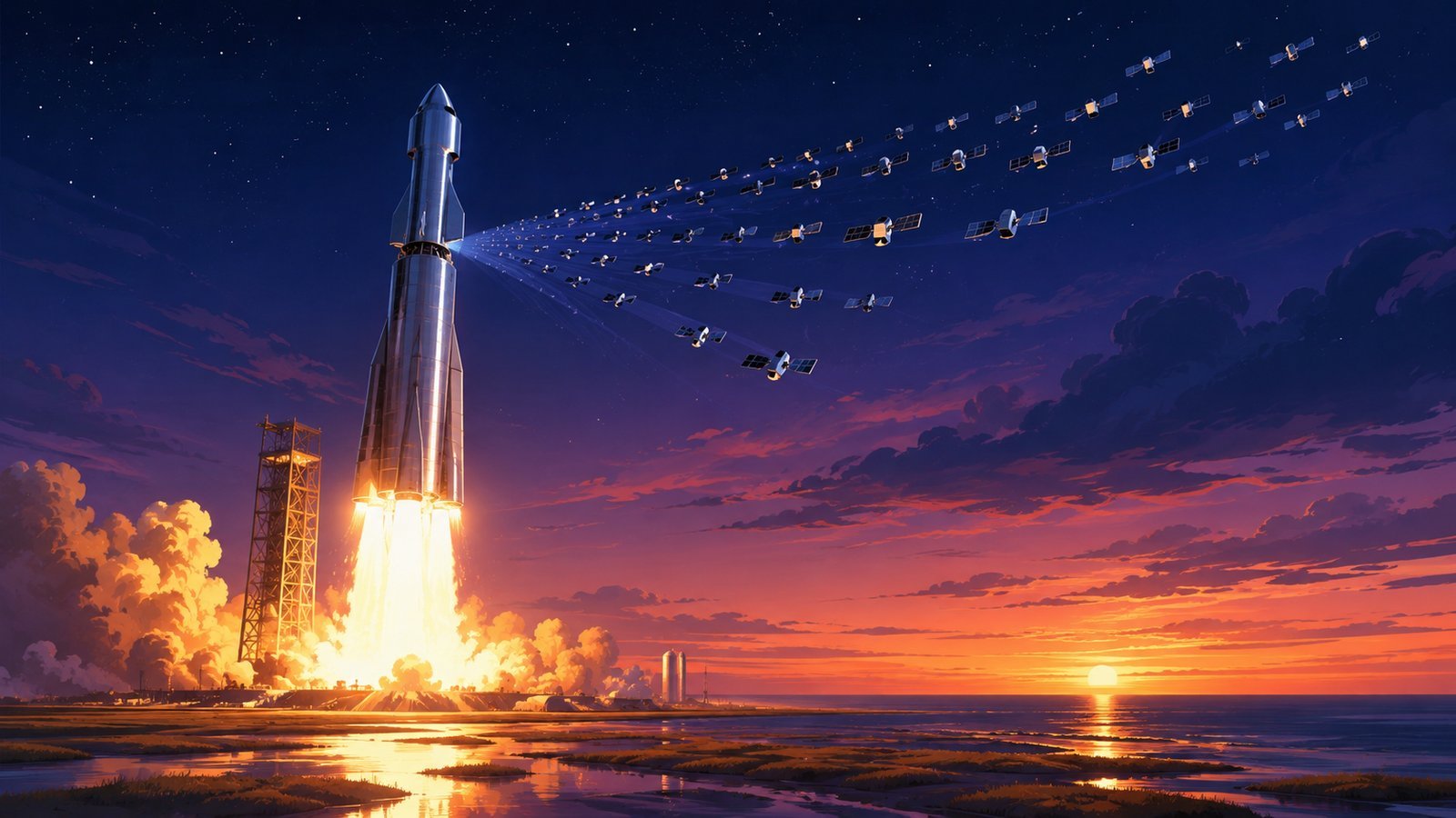 Illustration of a giant steel rocket launching at dusk while a stream of flat satellites deploys into the darkening sky