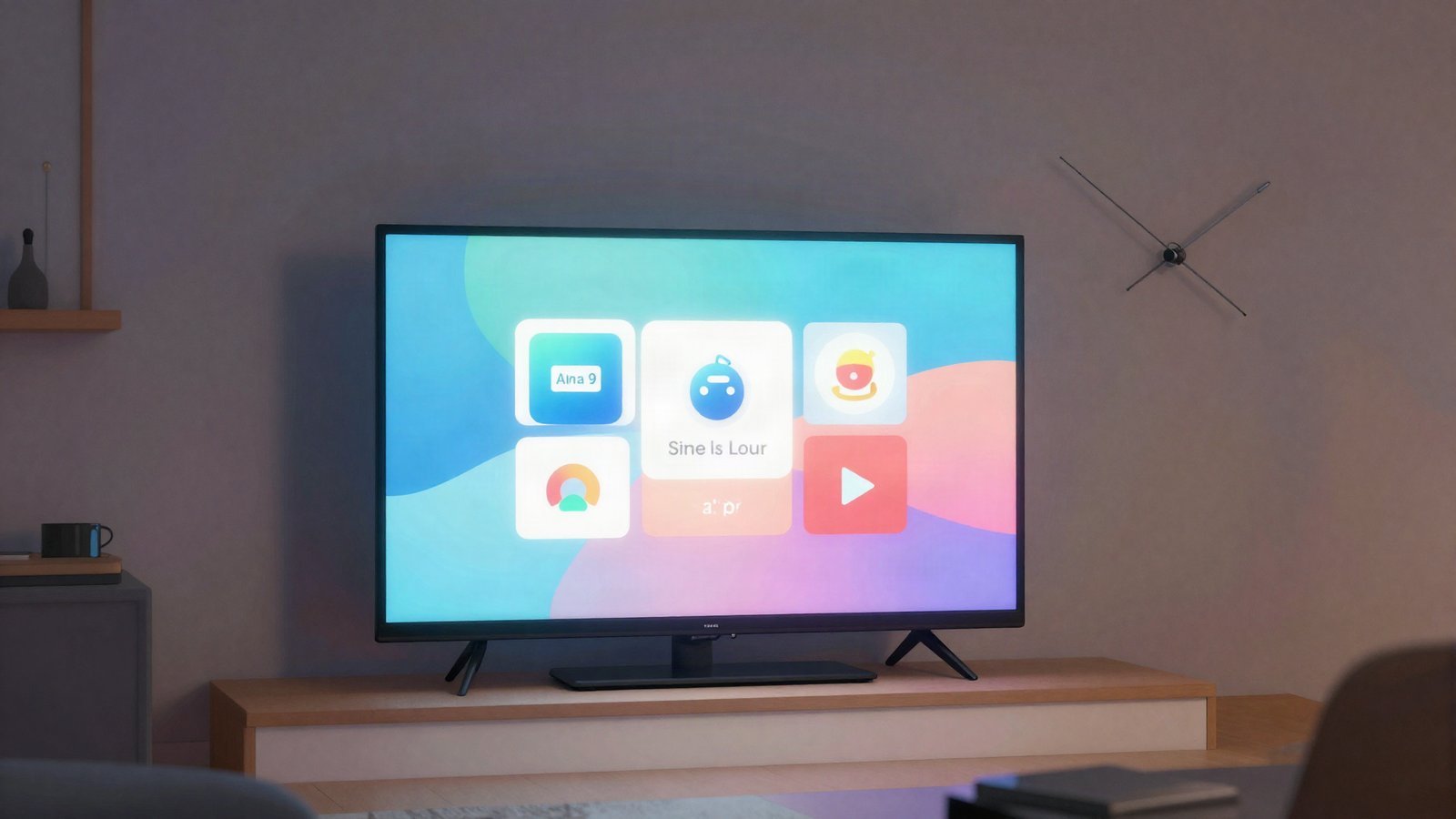 Editorial illustration of a connected television glowing with app tiles while a broadcast antenna fades behind it, symbolizing streaming's record share
