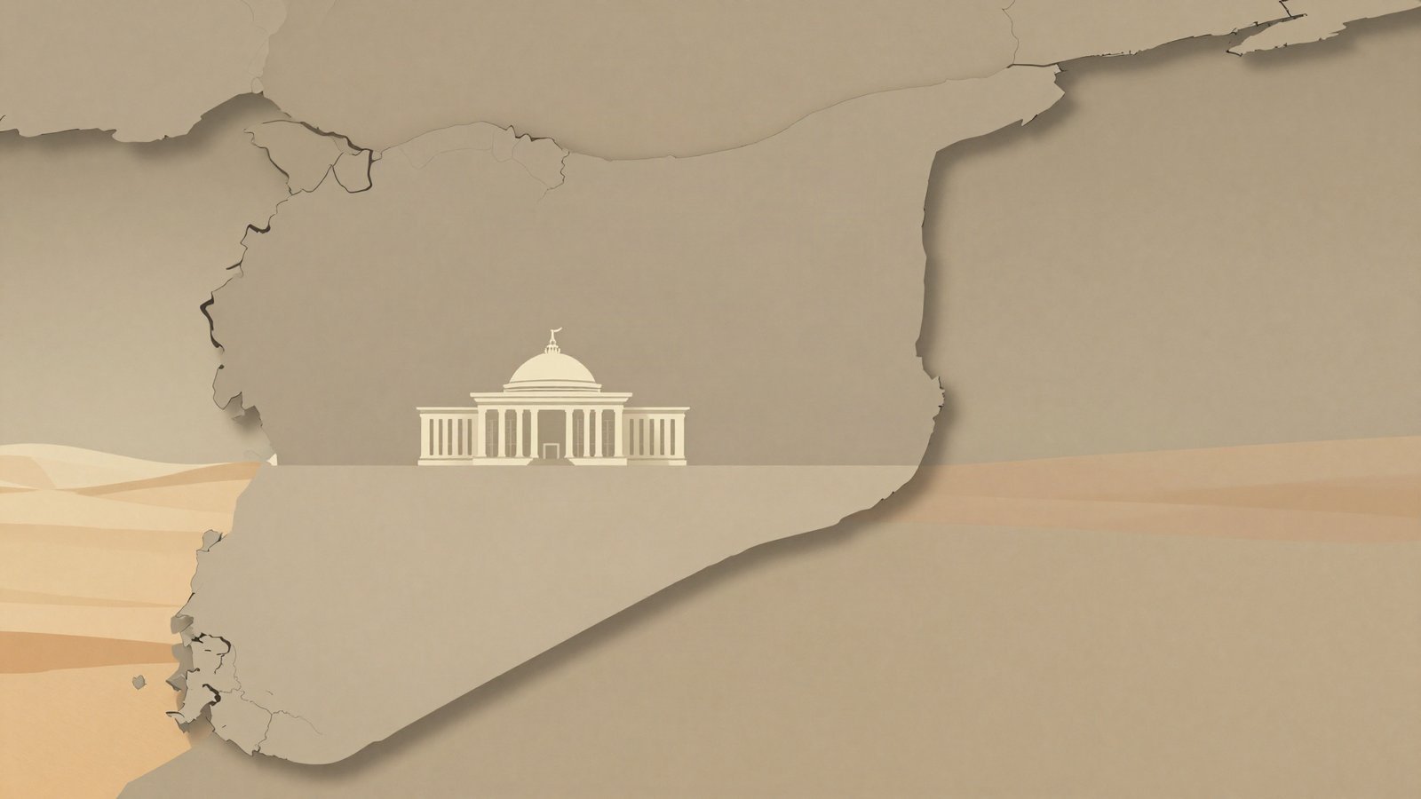 Muted illustration of a stylised Syria map with a government building silhouette and desert horizon, symbolising consolidation and lingering insurgency
