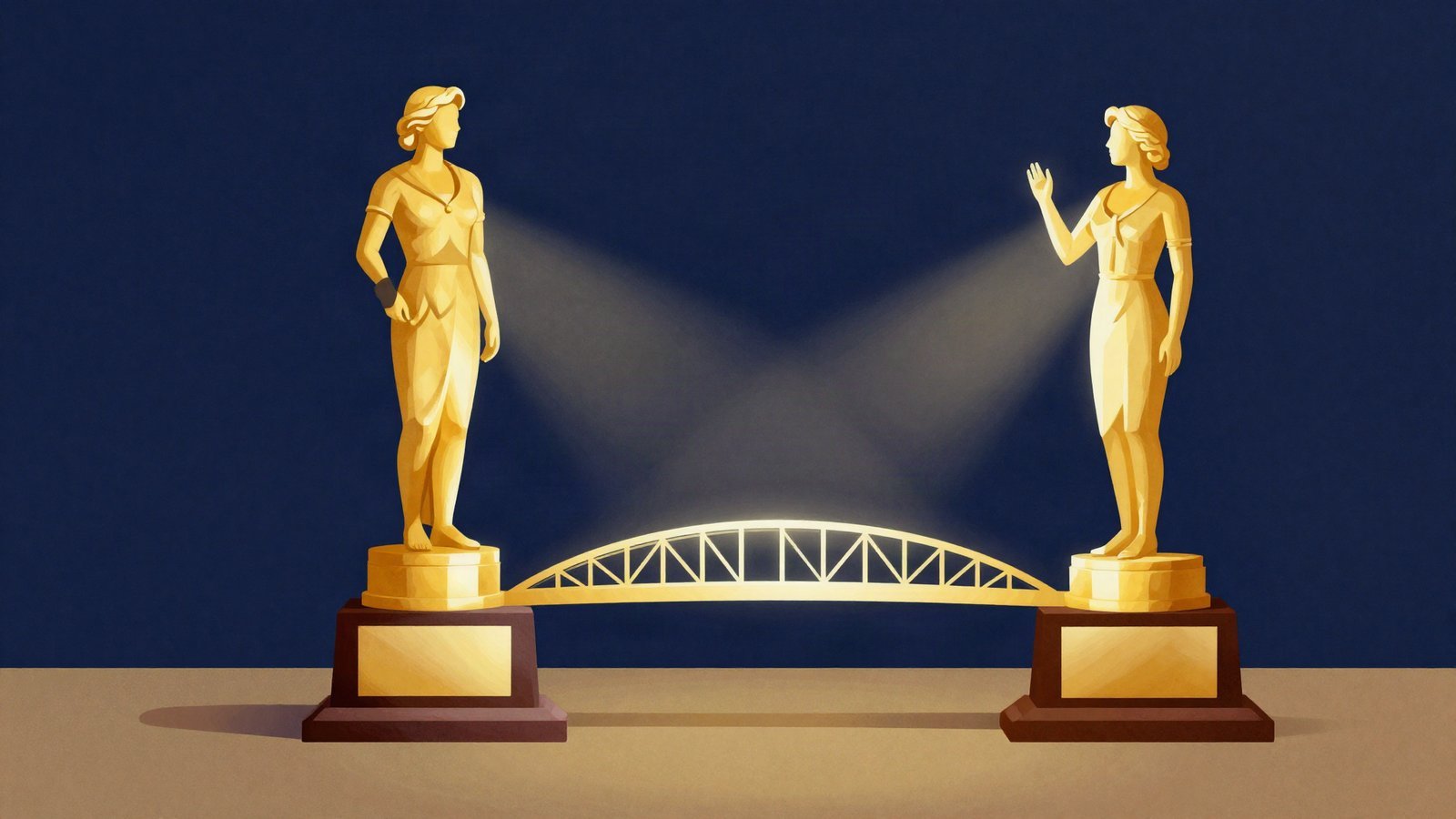 Editorial illustration of two golden award pedestals aligning into one with a bridge of light between them, symbolizing television academies exploring reunion