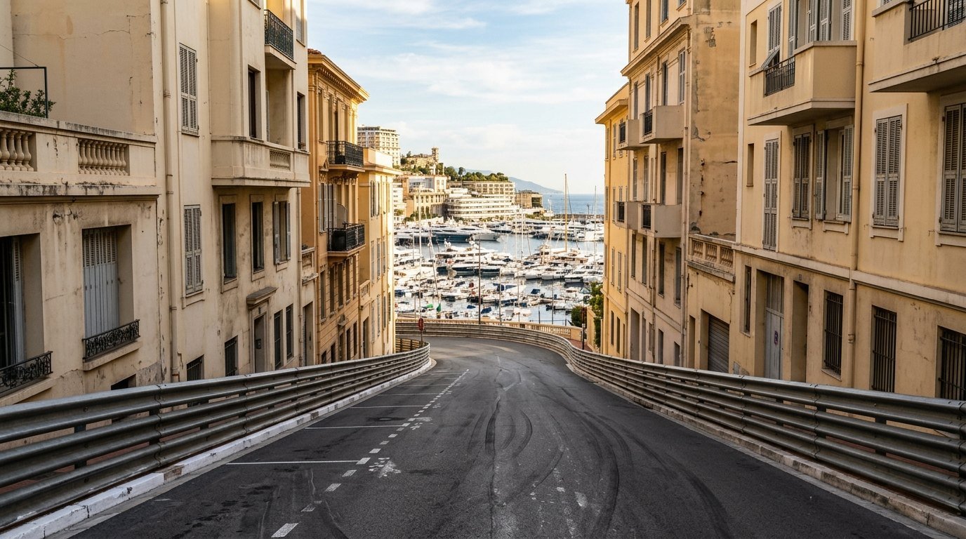 An empty barrier-lined street circuit descending between tall buildings towards a Mediterranean harbour