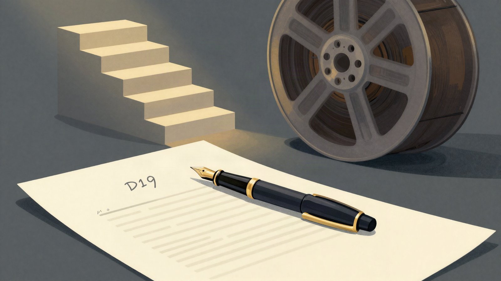 Illustration of a pen on a signed contract beside a film reel and rising steps, symbolizing an emerging filmmaker signing with a representation firm