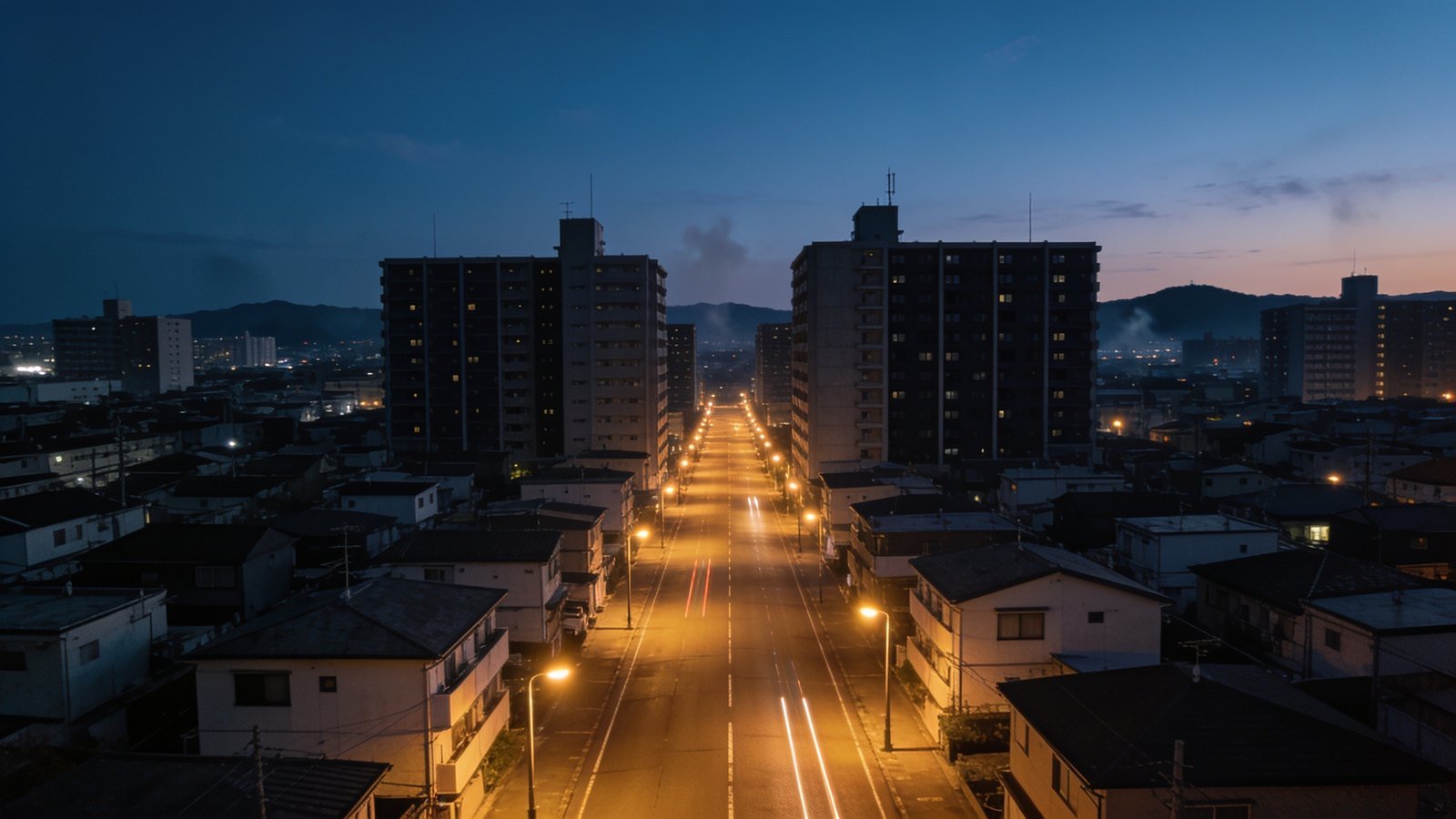 Dense apartment towers in a Japanese city before dawn, lit only by streetlights