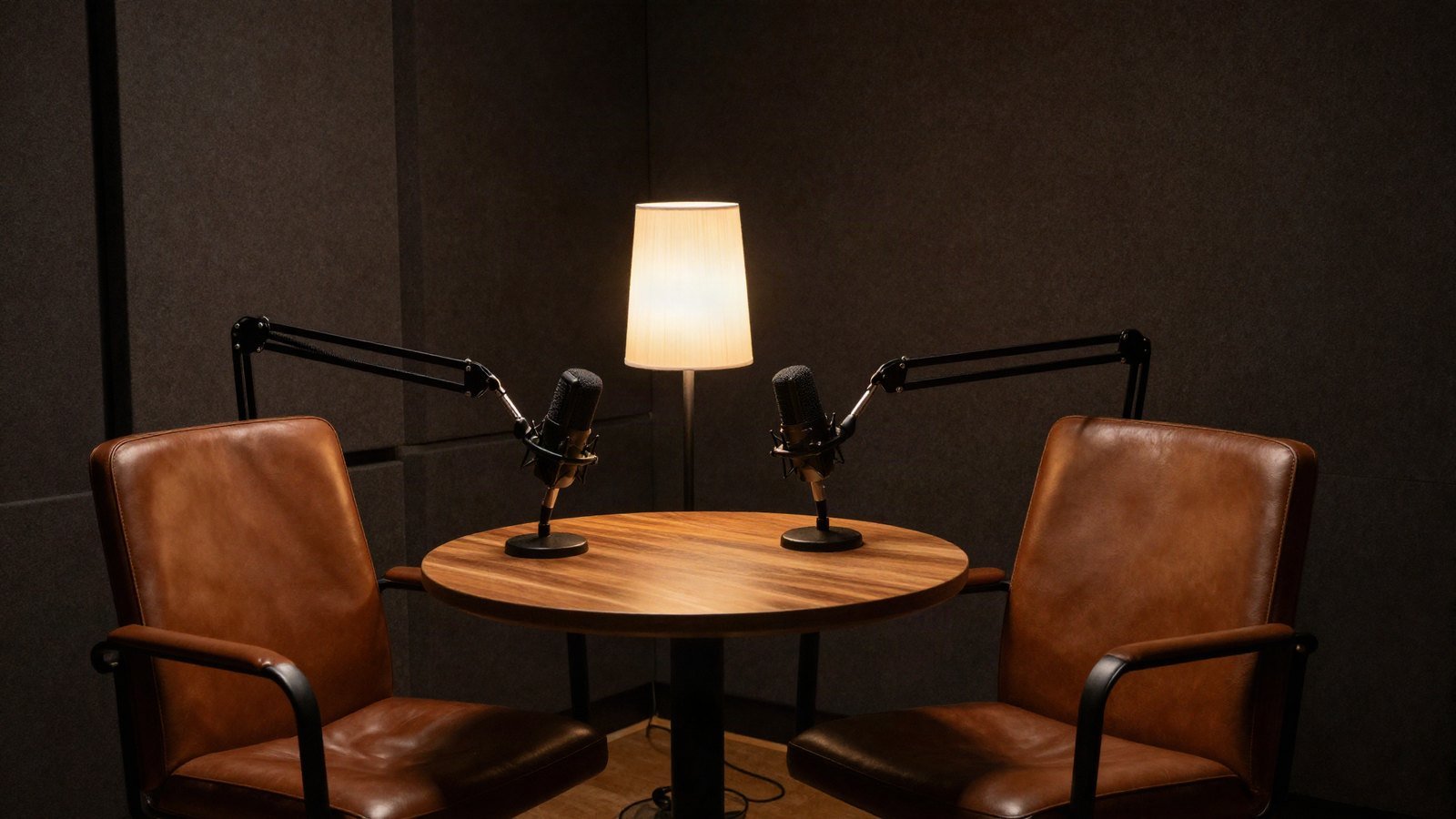 Two empty chairs and microphones face each other in a dim podcast studio