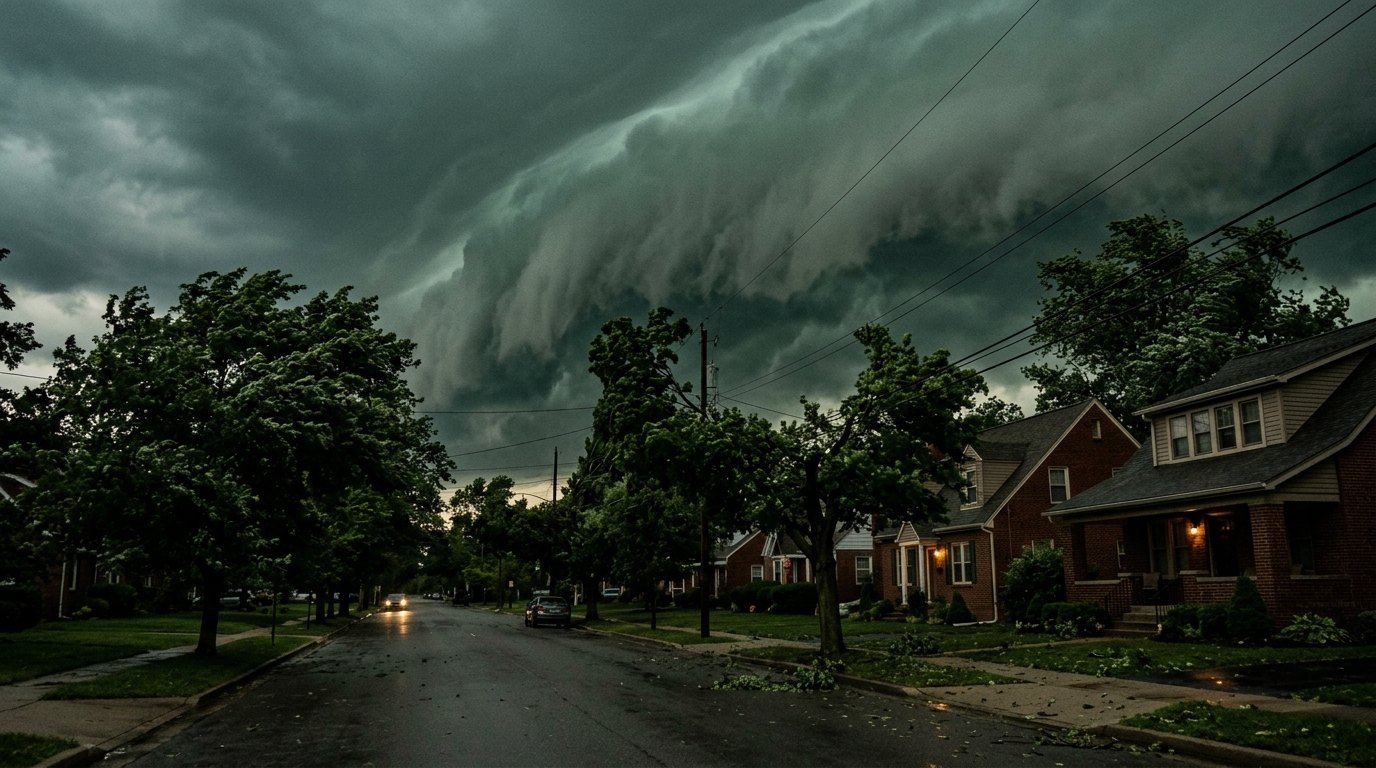 A dark shelf cloud advancing over a suburban street as trees bend in the wind