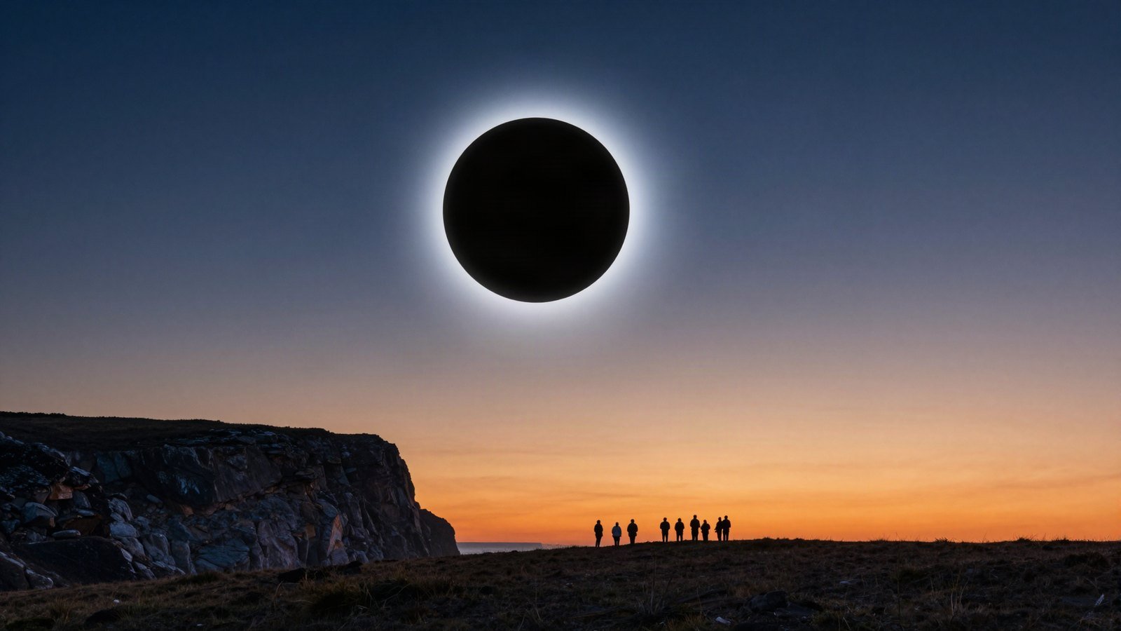 A total solar eclipse with glowing corona above a coastal headland as silhouetted onlookers watch