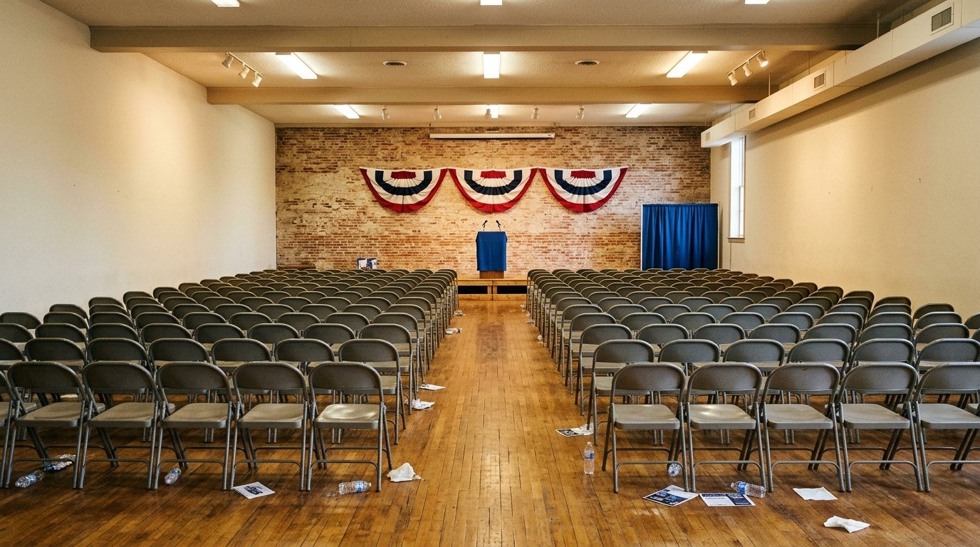 Rows of empty folding chairs facing an empty lectern below red, white and blue bunting on a brick wall