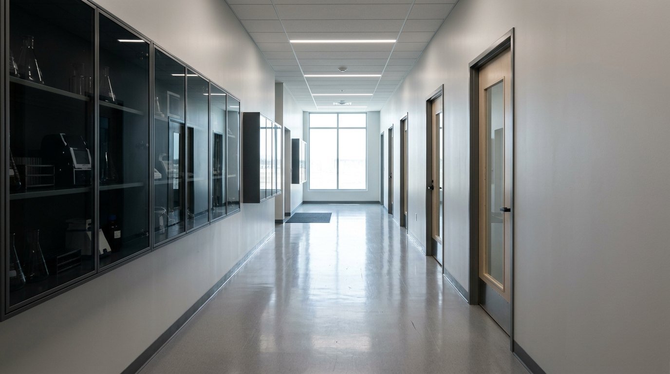 An empty laboratory corridor with pale walls and unlit glass-fronted cabinets