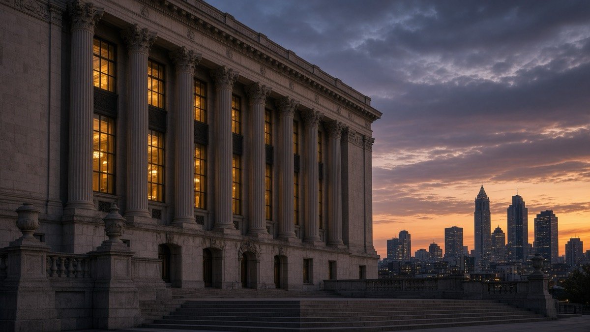 Tall stone columns of a neoclassical government building under an overcast early-morning sky