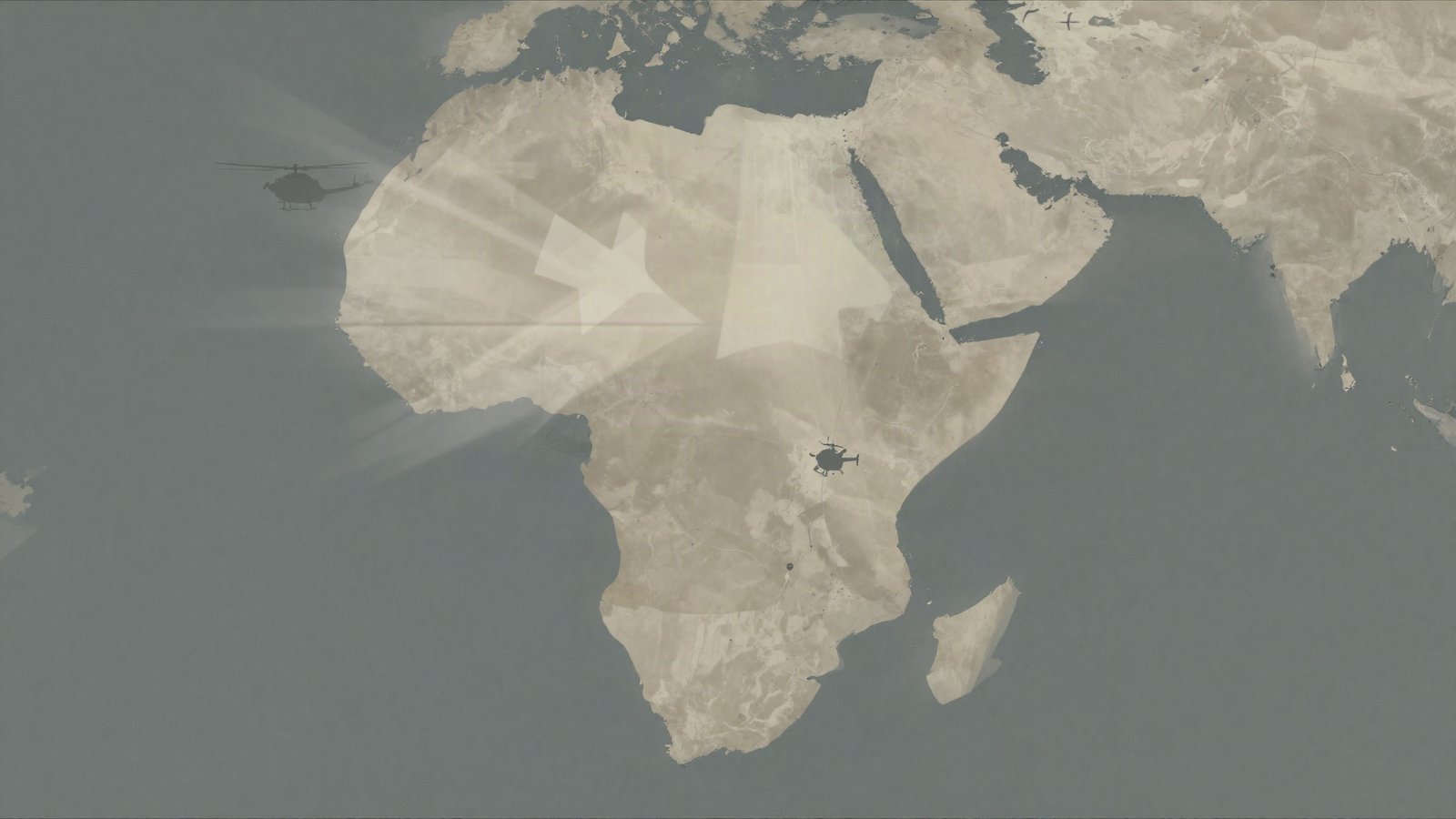 Illustration of arrows converging from several directions over a faint Horn of Africa map with distant aircraft, symbolising foreign deployments