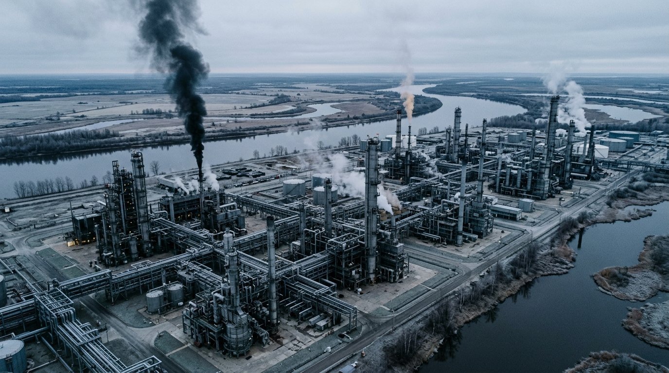 An aerial view of a large oil refinery with dark smoke rising from one section at dawn