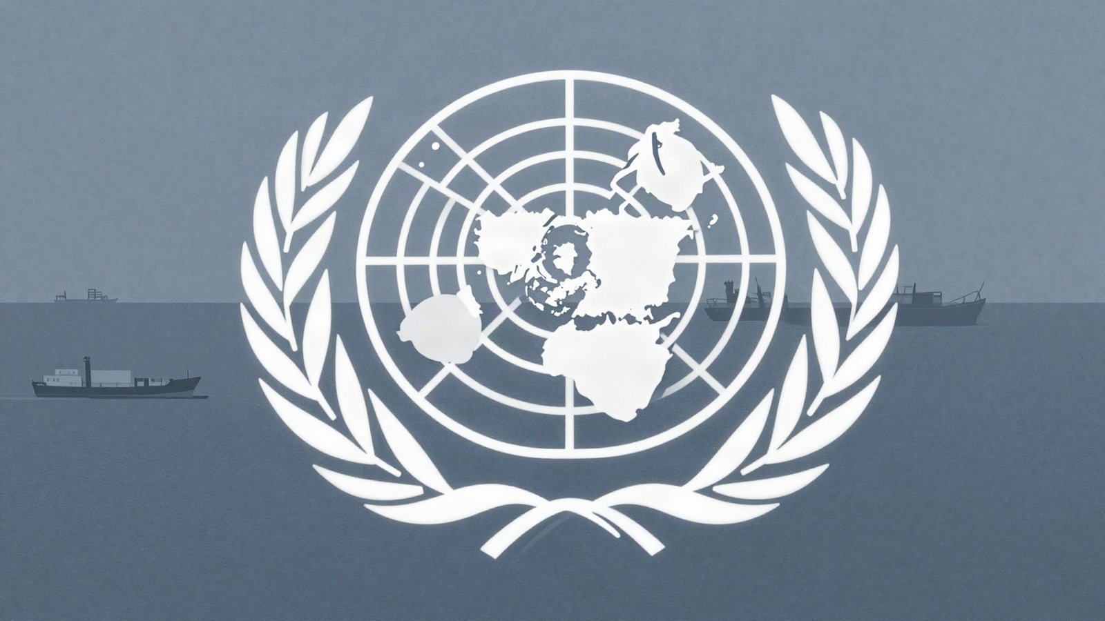 Editorial illustration of an olive-branch motif over a stylised Red Sea and Bab al-Mandab strait with faint cargo ships in blue-grey tones