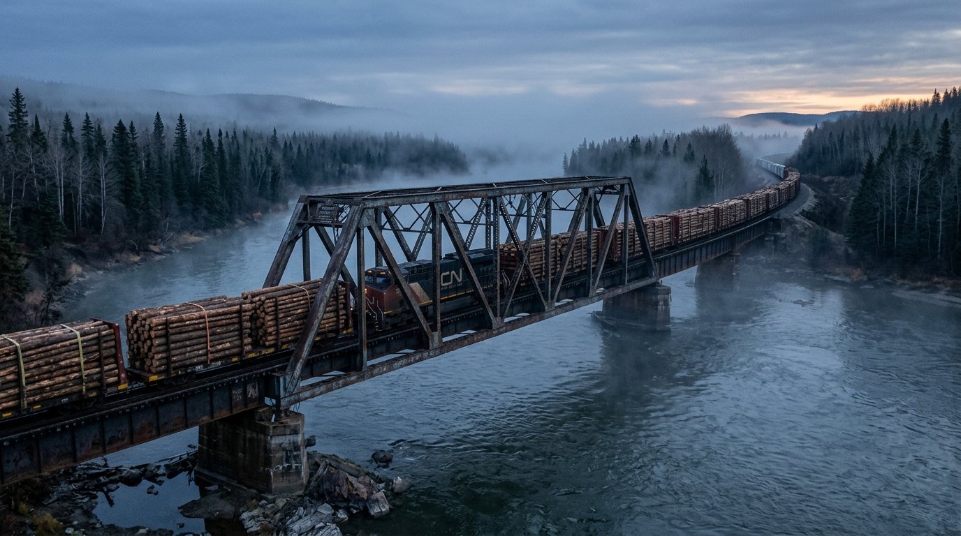 Freight rail cars loaded with stacked timber crossing a steel bridge over a wide northern river at dawn