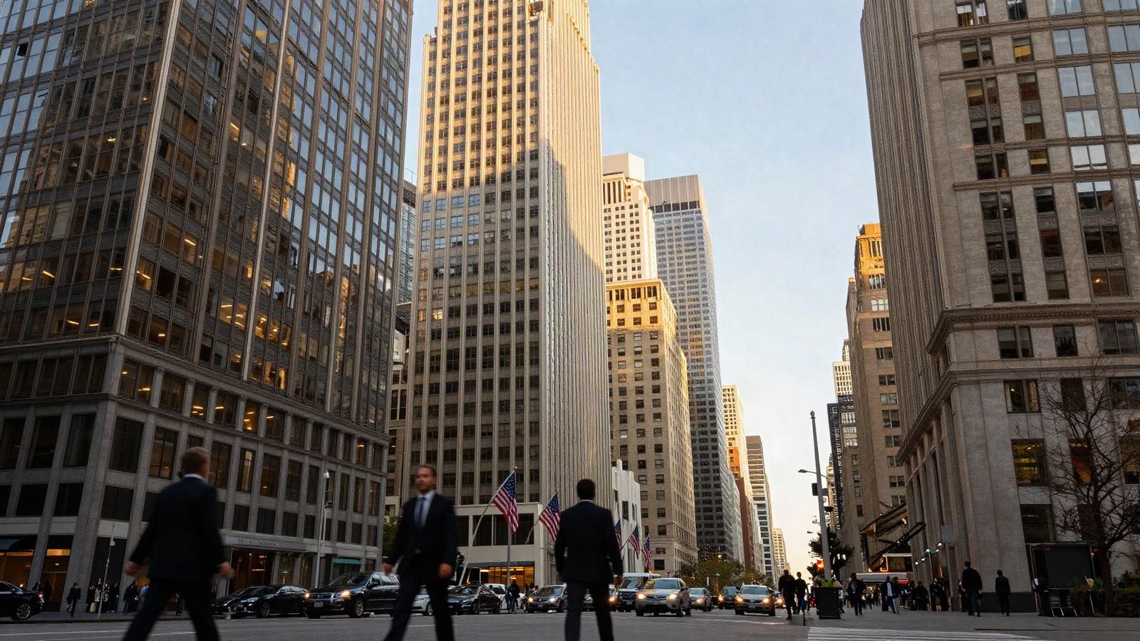 Morning light over a financial district street canyon with blurred commuters