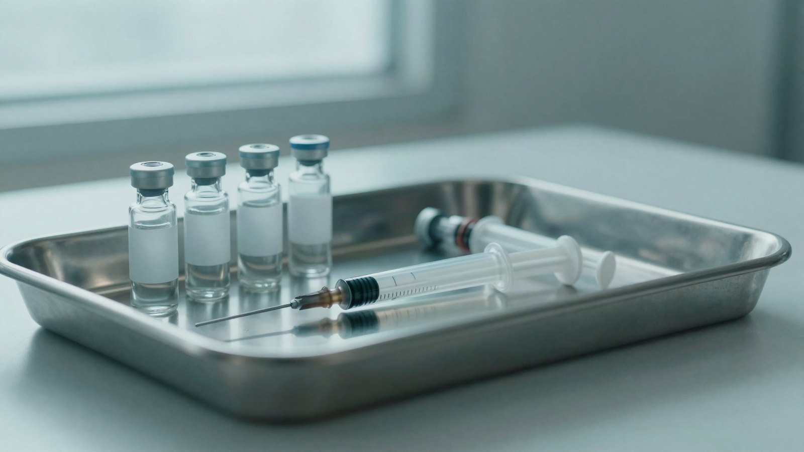 Unlabeled vaccine vials and a syringe on a clinical tray in soft light