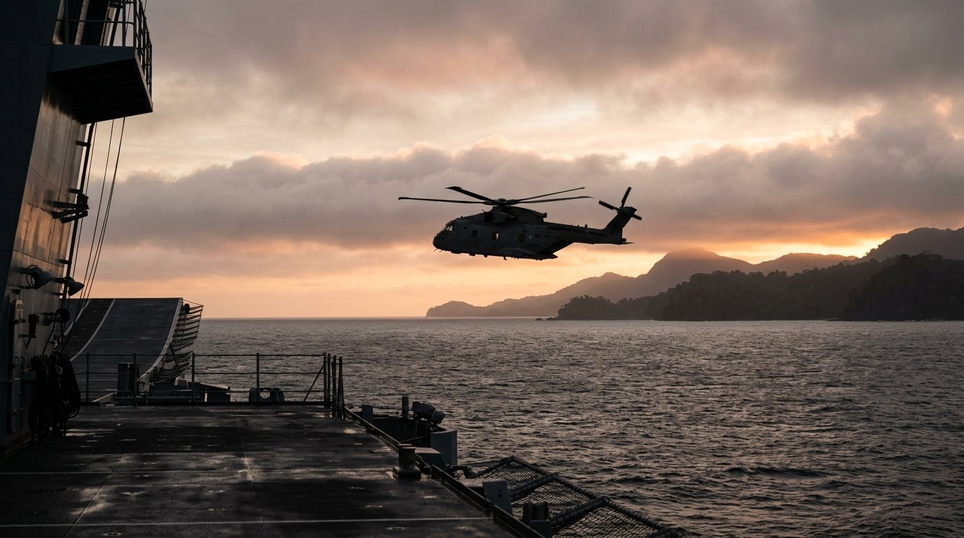 A military helicopter silhouetted at dawn over open ocean with a distant green coastline