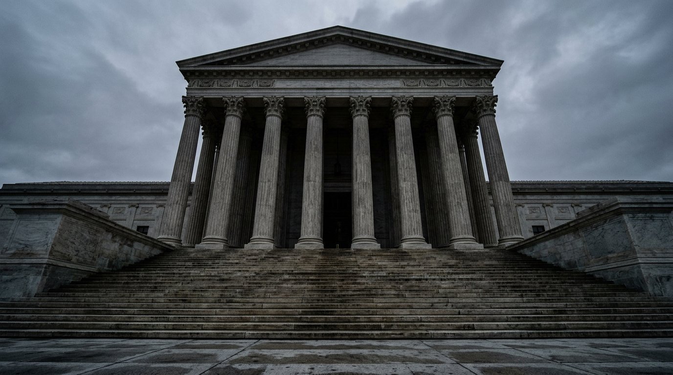 Tall stone columns of a neoclassical government building under an overcast early-morning sky