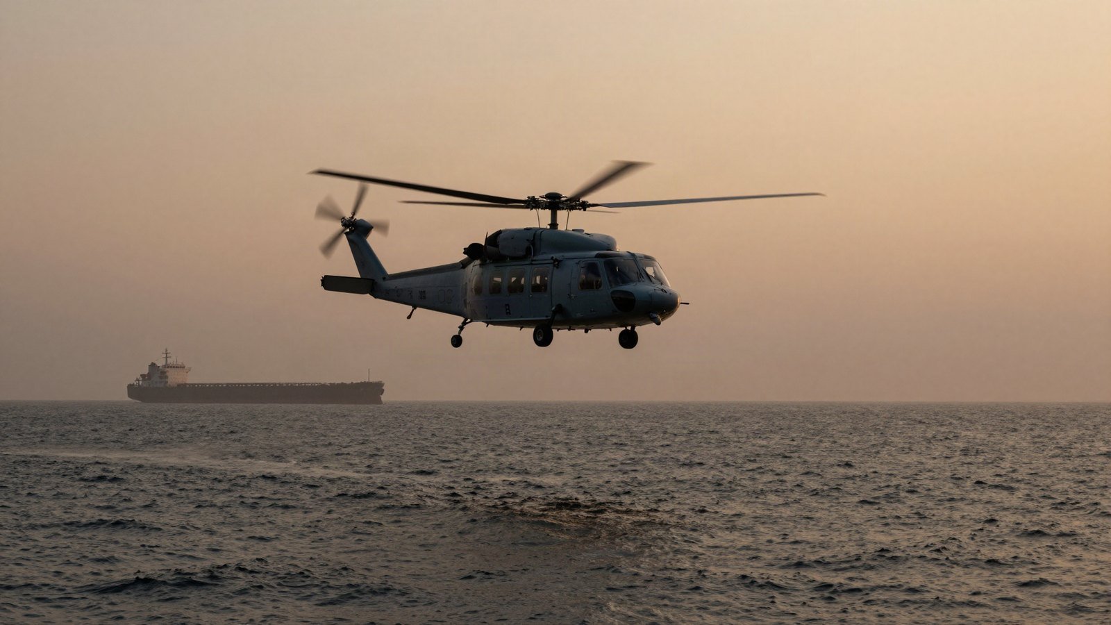 A naval helicopter hovers over the sea near a distant cargo ship at dawn