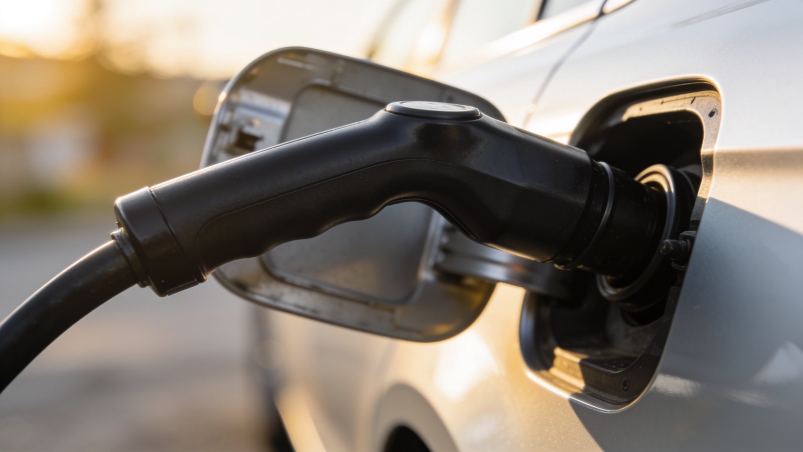 A close-up of an unbranded fuel nozzle inserted into a car filler neck