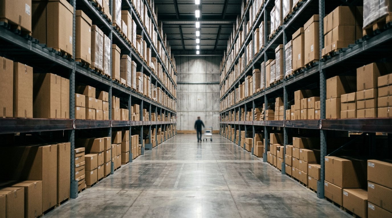 A wide aisle in a warehouse store lined with plain cardboard cartons on steel racking.