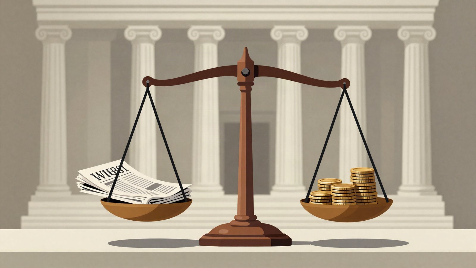 Editorial illustration of a justice scale weighing a newspaper against stacked coins before a courthouse column, symbolizing a legal fee award