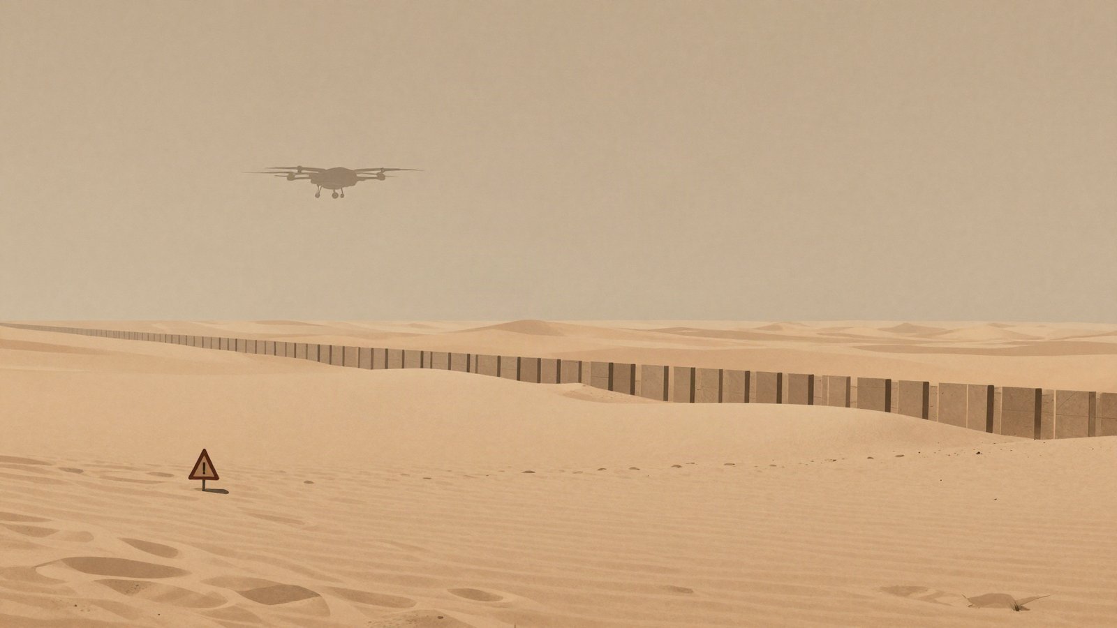 Illustration of a long sand berm barrier across a desert with a distant drone silhouette and mine warning markers