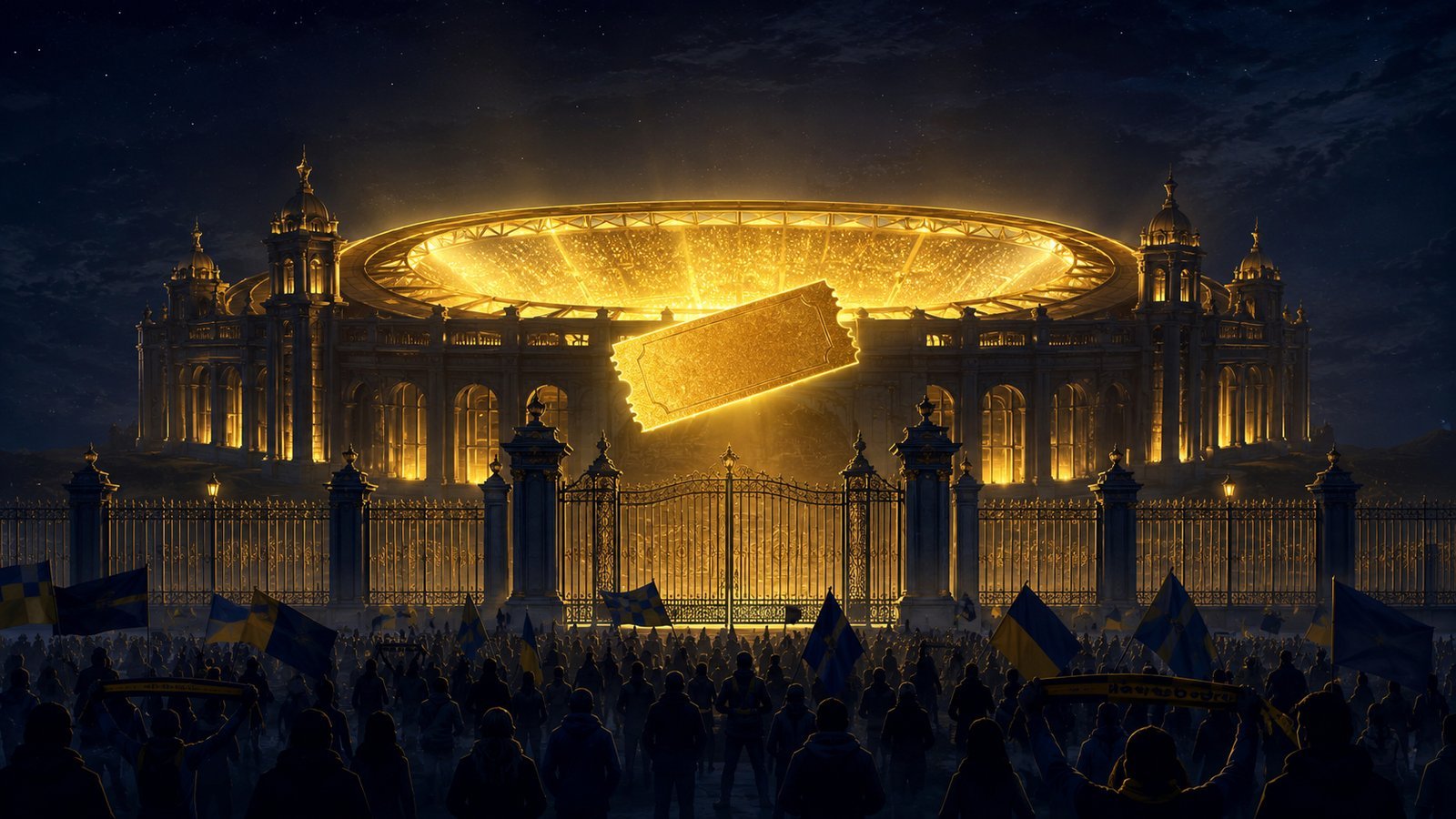 Illustration of fans outside a gated glowing stadium with a giant golden ticket hovering over the entrance