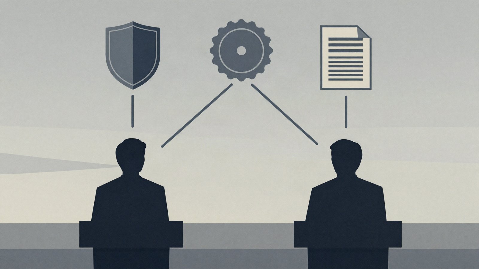 Illustration of two podium silhouettes linked by lines branching to a shield, a document seal and a distant horizon, symbolizing intertwined diplomacy.